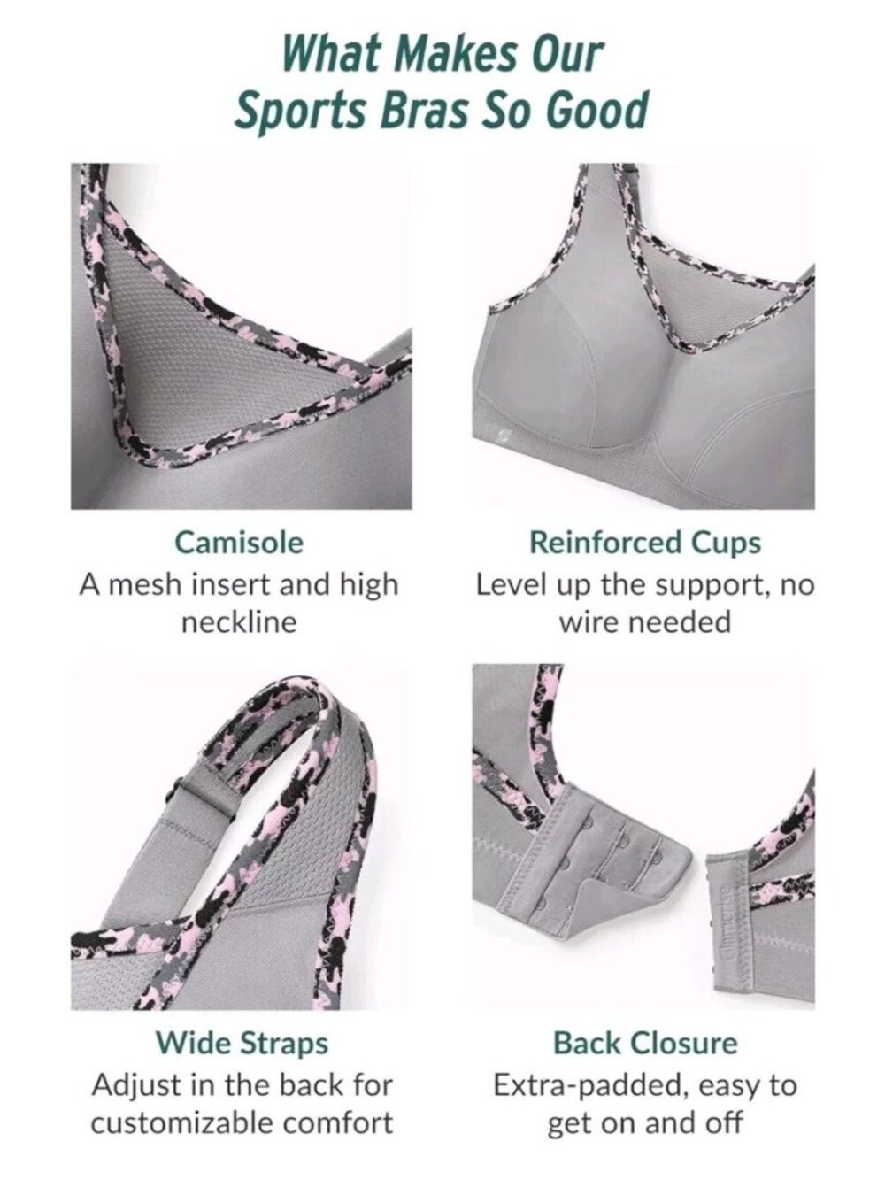 Glamorise 1066 Women 36DD No Bounce Camisole Sports Bra Wirefree Black Gray NWOT - Picture 4 of 5